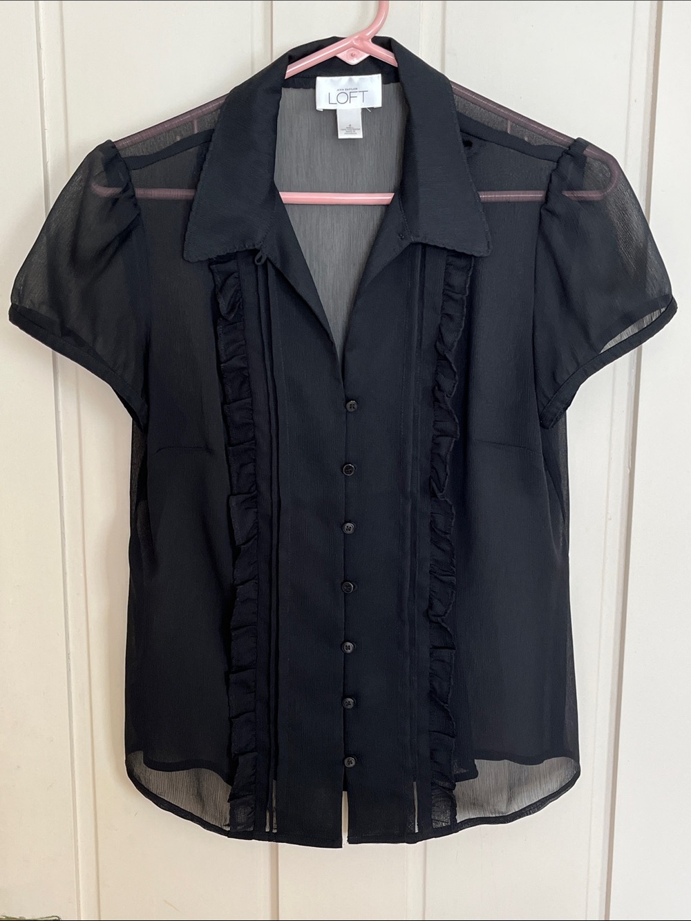 LOFT Black Sheer Ruffled Button Front Blouse Size 4